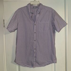 Columbia purple and white plaid checker print short sleeve button up shirt